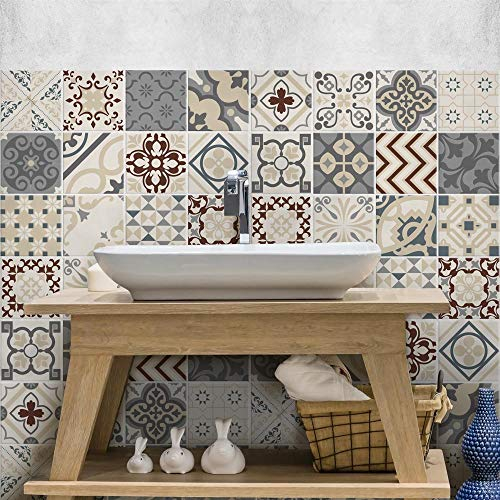 RE-COVERTILES - Fliesenaufkleber Badezimmer und Küche 24 Stck 10x10 cm - PS00216 PVC-Wanddekoration Wasserdicht Fliesen Mosaik Stil Azulejos-Zementfliesen