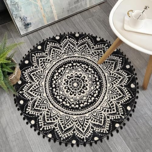 Uphome Runder Boho-Teppich mit Bommeln, Fransen, Vintage, Mandala, Samt, Akzent, Überwurf, weich, rutschfest, rund, für Schlafzimmer, Badezimmer, Wohnzimmer, Schwarz und Creme