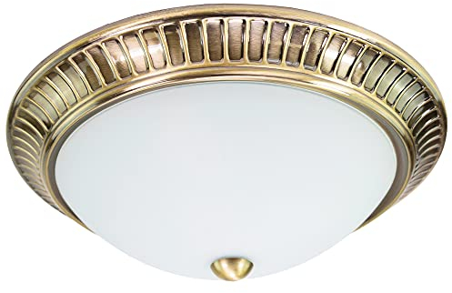 Traditional Antique Brass Plated Flush Circular Ceiling Light Fitting with Opal Glass Diffuser | 2 x 40w E14 | 32cm Diameter by Happy Homewares