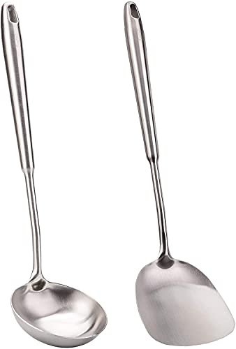 Wok Pfannenwender und Schöpflöffel, chinesisches Wok-Utensilien-Set, komplett aus Metall 304 Edelstahl Kochutensilien