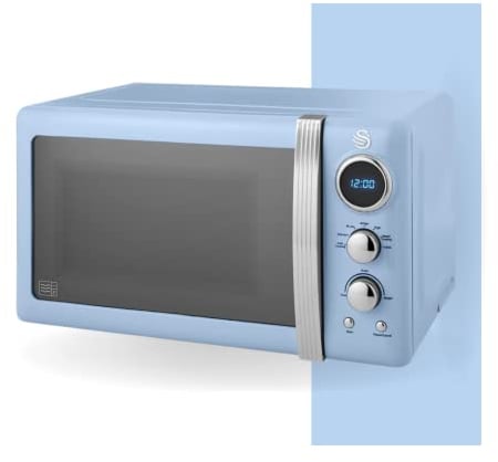 Swan SM22030LBLN Retro LED Digital Microwave with Glass Turntable, 5 Power levels & Defrost Setting, 20L, 800W, Blue