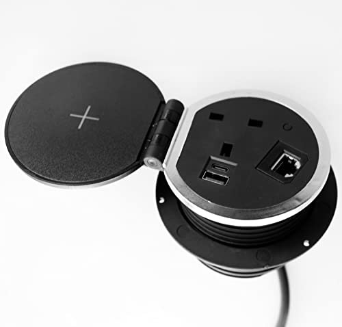 GP51 Office Desk Cable Hole Grommet Power Extension Socket w/USB C Chargers, RJ45 Network & Wireless Charging
