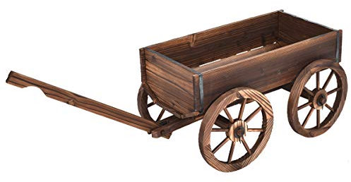 GIANTEX Chariot de Jardin en Bois de Sapin, Brouette de Décoration avec 4 Grands Roues, Longue Poignée Réglable, Idéal pour Jardinage Extérieur, 120 X 43 X 54 CM, Marron