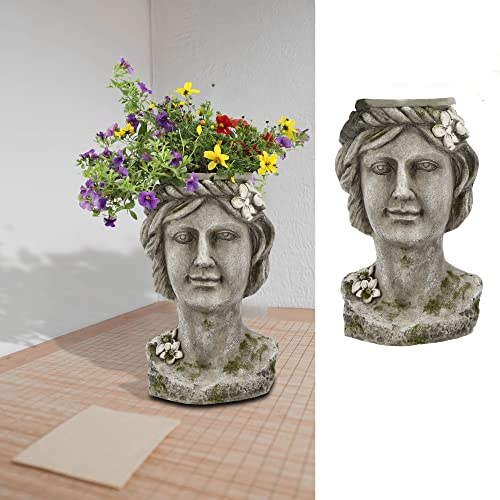 Cepewa Pot de fleurs tête femme - Magnésie - 23 x 34 x 22 cm - Gris - Buste - Pot de fleurs - Pot de fleurs - Tête de femme - 34 cm