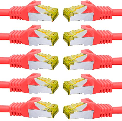 BIGtec LAN Kabel 10 Stück 5m Netzwerkkabel CAT7 Ethernet Internet Patchkabel CAT.7 rot Gigabit doppelt geschirmt Netzwerke Router Switch 2 x Stecker RJ45 kompatibel zu CAT.5 CAT.6 CAT.6a CAT.8