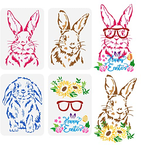 FINGERINSPIRE 4 Stück Oster Hasen Malschablonen 29.7x21cm Großes Langohr Kaninchen Dekorationsvorlage Sonnen Blumen Blätter Gläser Osterei Schablone Happy Easter für Wand Fliesen Home Ostern Decor