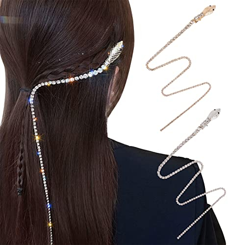 NICENEEDED 2 Stücke Volle Strass Schlangenhaarketten, Punk Crystal Quaste Haarspange Ketten, 20,(5) cm Langer Dekorativer Haarnadel-Kopfschmuck Mit Strass Für Frauen Und Mädchen (Silber, Gold)
