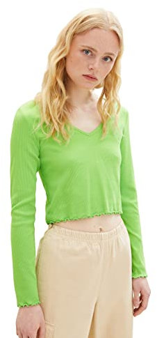 TOM TAILOR Denim Maglia Camicia Cropped da Donna a Maniche Lunghe in Denim con Struttura a Costine, 12318-verde Lime Liquido