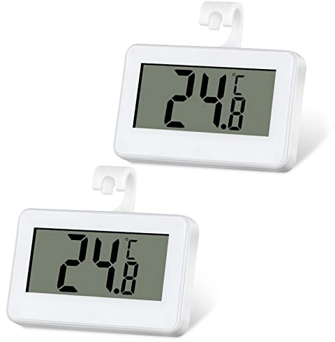 OFFCUP Fridge Thermometer Digital, 2pcs Refrigerator/Freezer Thermometer, LCD Digital Waterproof with Read LCD Display, Placement Modes Hanging, Standing (White)