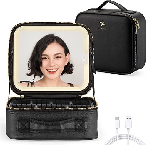 OMIRO Kosmetiktasche mit Großem Beleuchtetem Spiegel, Professionelle Make up Tasche mit Spiegel und Licht, Kulturbeutel-Organizer mit Kosmetikspiegel für Unterwegs (Schwarz, Geringe)