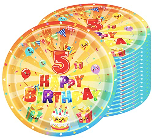 16 Pièces Assiettes en Carton Joyeux 5ème Anniversaire, 18cm Vaisselle en Papier Assiettes Anniversaire Jetable Rondes en Papier, Assiettes pour Happy 5th Birthday Fêtes d'Anniversaire Decoration