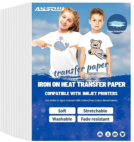 AYSOW Bügelfolie zum Bedrucken, A4 x 20 Blatt Transferpapier zum Aufbügeln,T-shirt Folie zum Aufbügeln Transferfolie Textil für Tintenstrahldrucker,Transferpapier Bügelfolie für Helle Textilien