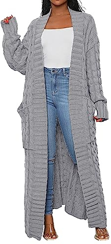 Strickjacke Damen Lang Gestreift Cardigan Feinstrick Jacke Oversize Offen Frühling Herbst Outerwear Einfarbige Strickcardigan Strickmantel Langarm Open Front Sweater Outwear Mit Tasche ( Grau,3XL )