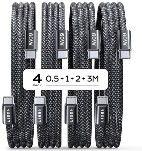 LISEN 4 cavi di ricarica USB-C, da 0,5 m, 1 m, 2 m, 3 m, 60 W, supportano la carica rapida PD 3.0, per iPhone 15 Pro Max Plus, Samsung Galaxy S24, iPad Air/Pro 2024, Tab, Mi, Xiaomi, Huawei, OnePlus