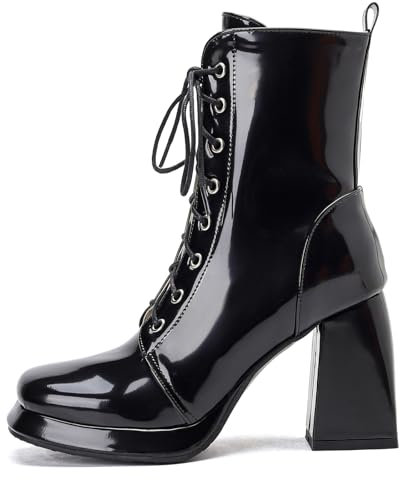 MJIASIAWA Damen Mode Square Toe Military Winter Stiefeletten Party Chunky Höhe Ferse Schnüren Warm Plateau Chukka Combat Stiefeletten Reißverschluss Lack Schwarz Gr 43 EU/45 Asiatisch