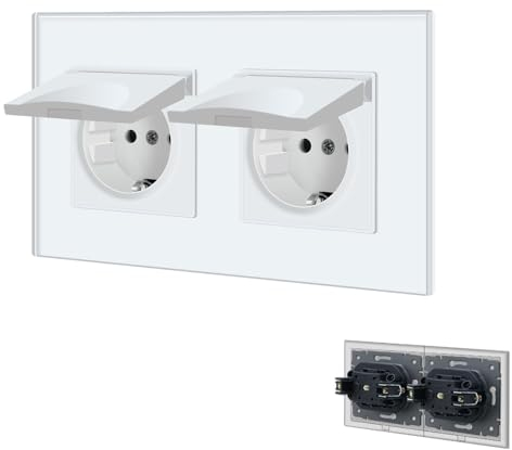 BSEED Steckdose 2 Fach mit Wasserdichter Abdeckung, Schuko Steckdose mit Steckklemme, Unterputz Steckdose mit Kristall Glas Platte, Doppelsteckdose Einbausteckdose 16Amp Wandsteckdose 157mm, Weiß