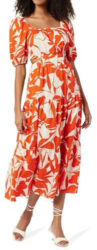 The Drop Anaya Gestuftes Eckigem Ausschnitt und Cut-Out-Detail Maxikleid, Tomatenrotes Laub Aufdruck, M