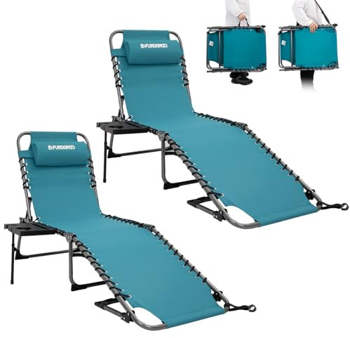 FUNDANGO Klappbarer Chaiselongue-Sessel für den Außenbereich, 5 Positionen, faltbar, Strandliege für Erwachsene, mit Beistelltisch und Kissen für draußen, Sonnenbad, Camping, Terrasse, Rasen, 2 Stück