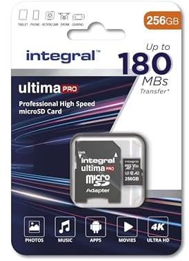 Integral 256GB Carte Micro SD 4K Vidéo Vitesse de Lecture 180MB/s et Vitesse d'Ecriture 150MB/s MicroSDXC A2 C10 U3 UHS-I 180-V30 Notre Carte Mémoire Micro SD Haute Vitesse la Plus Rapide