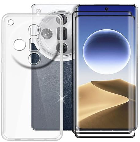 BUNAL Coque pour Oppo Find X7 Ultra (6.82) + Verre Trempé(2 Pièces), Case Protection Résistant Aux Chutes et Silicone Souple Housse Anti-Rayures + Film Protecteur - Transparent
