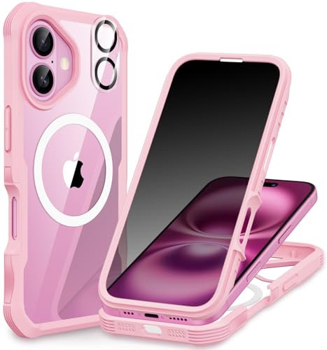 CENHUFO Compatible with iPhone 16 Plus Privacy Case Fits Magsafe, Built-in Anti-spy Screen with Camera Lens Protector, 360 Full Body Protective Phone Case for iPhone 16 Plus Case 6.7 Inch -Pink