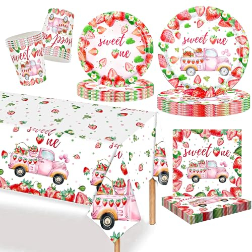MORAINJAY Ensemble de Vaisselle de Fête à Thème Fraise 97 Pièces, Assiettes, Tasses, Serviettes, Décoration de Table pour Soirée d'Été, Fête d'Anniversaire, et Fête de la Fraise