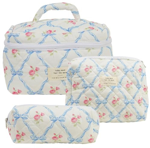 TIAASTAP 3-teiliges Reise Kosmetiktasche Damen Gesteppte Make up Tasche mit Bogenmuster, Groß Kulturbeutel Set Vanilla Girl Aesthetic Schminktasche Make up Bag Cosmetic Bag Clean Girl
