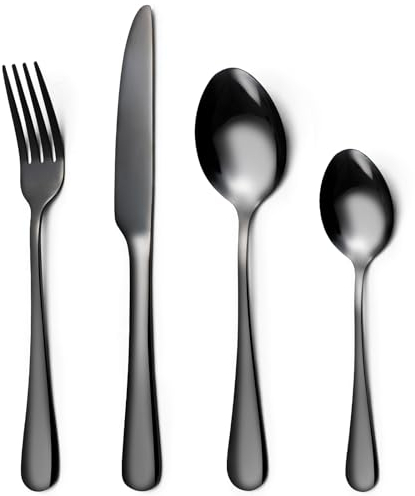 Black Cutlery Set,Knife and Fork Sets,32 Piece Stainless Steel Flatware Set for 8 People,Mixed Cutlery Sets,Knife Fork Spoon Set,Dishwasher Safe,Easy Clean,Mirror Polished