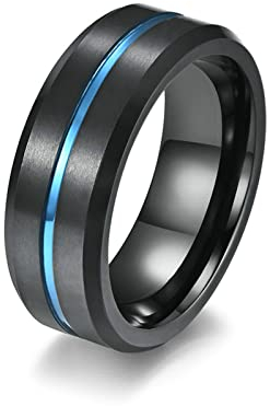 Lieson Freundschaftsringe Wolfram, 8MM Matt Rillen Linie Blau Verlobungsringe Eheringe Hochzeitsringe Partnerringe für Herren Schwarz Größe 57 (18.1)