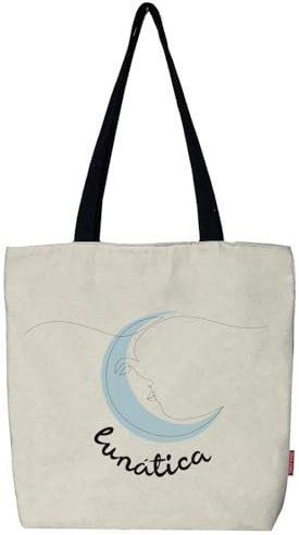 hello-bags. Borsa tote bag in tela con cerniera, fodera e tasca interna. Esterno: 100% cotone. Include una busta regalo kraft. Modello: LUNATICA. Colore: Écru. Misure: 37x 38 cm.