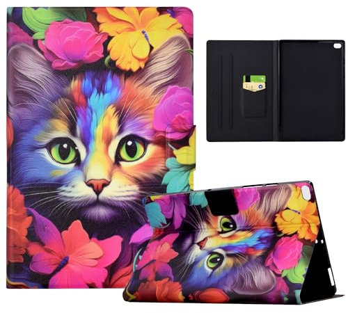 Custodia per iPad 6a Generazione 2018/iPad 5a Gen 2017 / iPad Air 2/Air 1, Sottile Leggero Cover Protettivo Supporto Modello di Colore Case con Auto Sveglia Sonno per iPad 9.7 Pollici, Rosa e Gatto
