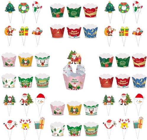 Eabdice 48 Stück Weihnachten Cupcake Topper und Wrappers, Weihnachten Cupcake Topper, Weihnachten Party Dekoration Christmas Cupcake Deko,Papier Cupcake Förmchen Tortendeko