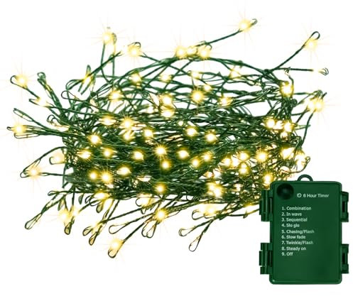 FairyGlim Battery Operated Christmas Lights, 20FT 200 Micro LED Fairy Lights with 8 Modes and Auto Timer, Green Copper Wire for Indoor Outdoor Christmas Tree Wreath Garland Garden Party,Warm White