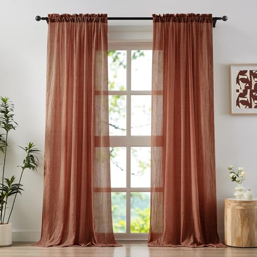 Anpark Transparente Vorhänge in Terrakotta, 213 cm lang, aus Strukturiertem Baumwoll-Leinen, lichtdurchlässig, natürlich und halbtransparent, mit Stangentasche, 2 Paneele, 132 x 213 cm (B × L)