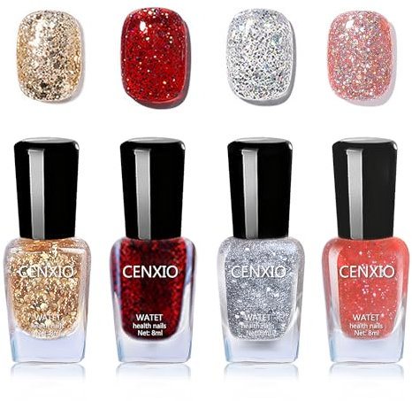 4PCS Glitter Nail Polish Set - Gold, Silver, Red, Pink - Fast Drying, No Bake, Water Base, Long Lasting - Burgundy, Coral Varnish Gift Set