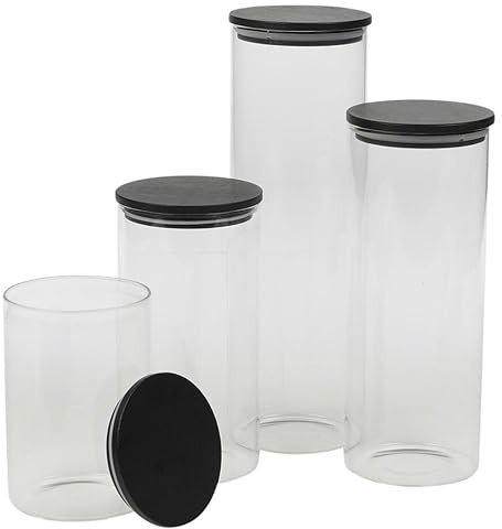 URBN-CHEF Clear Glass Storage Jars with Black Airtight Lids - Perfect for Coffee, Tea, Sugar and Spices - Available in 4 Sizes, Single, 3Pcs or 4Pcs Set