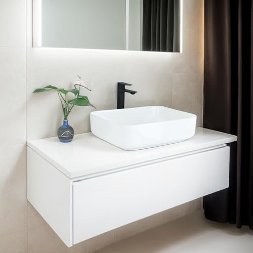 NUESTRA VIDA Lavabo Rectangular Sobremesa Moderno ANTIMANCHAS 49.5x38x14 cm - Cerámica Vitrificada Blanca + FÁCIL LIMPIEZA