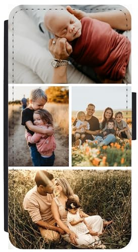 Unique Gifts House Ltd Personalised Phone Case Compatible for iPhone 16 Pro Custom Leather Flip Wallet Case Any Photo Printed Four Pics Anti Drop Personalised Case