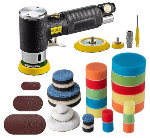 Queiting Mini Poliermaschine Druckluft Exzenterschleifer Exzenter Schleifer Werkzeug Set mit Polierpadset Druckluftschleifer für Auto Polieren Möbel und Metallarbeiten