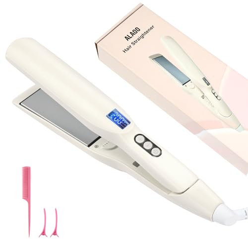 Alaoo Plancha de Pelo, Plancha de Pelo 2 en 1 para Mujer y Rizador, Plancha de 13 Ajustes de Temperatura, Plancha Pelo Cerámica con Pantalla LED, Apto para Todo Tipo de Cabello, Blanco