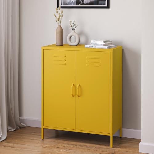 skølm Kommode Atria senfgelb, Sideboard für Wohnzimmer, Metall Kommode mit Doppeltür, Metallschrank, Mehrzweckschrank Größe 100x80x38 cm