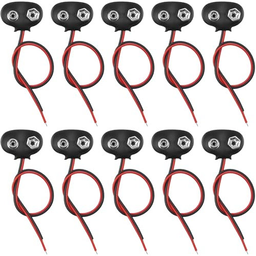 Poeland Confezione da 10 connettori per batteria da 9 V, clip a T per batteria da 9 V, connettore a clip con filo e alloggiamento in pelle
