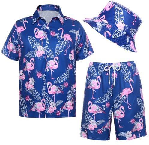 Angenster Ensemble chemise hawaïenne et short pour homme, tenue d'été décontractée et funky pour la plage, flamant rose, chemise avec chapeau bob, chemises hawaïennes de vacances, bleu, 3XL