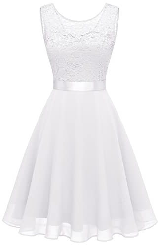 Robe Dentelle Femme sans Manches, Robe De Bal Femme Col Rond Aille Haute Swing Élégant Et Charmant Mode Couleur Unie Classiques Comfortable Fluide Slim Tous Les Jours Simple Mi-Longue Dress
