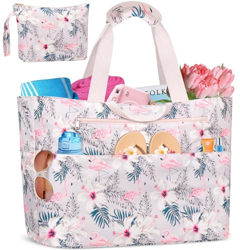 BTNEEU Borsa Mare Donna Grande XXL Famiglia 50L Impermeabile Borsa da Spiaggia con Cerniera Borse Mare Uomo Pieghevole Beach Tote Bag con 14 Taschen per Viaggio Shopping Picnic (Rosa Fenicottero)