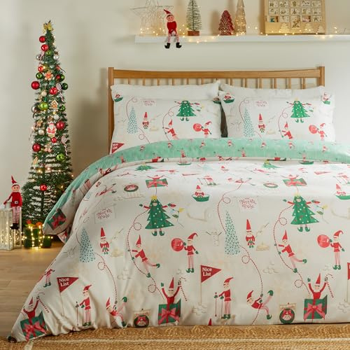 furn. Duvet Day Elfie Bettwäsche Set (Creme/Minze - Doppelbett) | Weich Im Griff Wendbar Festlich Saisonal Feiertag Weihnachten Elf Pflegeleichte Bettwäsche