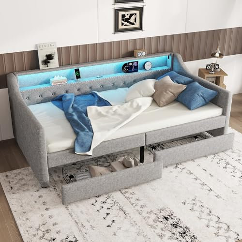 Polsterbett 90x200 mit 2 Schubladen, Schlafsofa Bett mit LED-Beleuchtung & Ablagefächern & Ladestation,Tagesbett Funktionsbett Bettsofa Gästebett Jugendbett mit Lattenrost, Linen, Ohne Matratze, Grau
