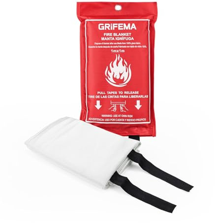 GRIFEMA GA3001 Küchenfeuerdecke 1 m x 1 m Glasfaser-Feuerlöschdecke EN1869:2019 Brandschutzdecke Geeignet für den Einsatz in Haushalten, Fahrzeugen, Büros, bei Grillpartys im Freien, Kaminen