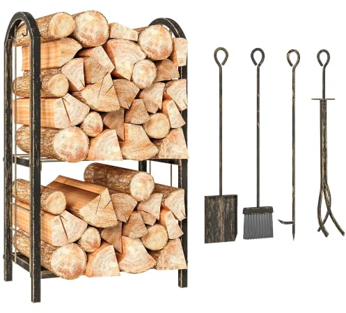 Outsunny Kaminholzregal für innen 43 x 30 x 74cm 2 Ebenen Haken Schwarz | 4 Kaminwerkzeug, Brennholzregal, Kaminholzständer für Kamin Ofen, Kaminholzhalter für Feuerholz, Brennholz, Metall