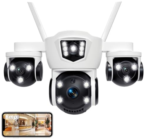 Yavinane 3 Linsen PTZ WLAN Überwachungskamera, 355° Sichtfeld, 2K 6MP & 1080p HD Auflösung, Autoverfolgung, Zwei Wege Audio, Farb Nachtsicht, IP65 Wasserdicht, Ohne Blinde Winkel, 2 Antennen